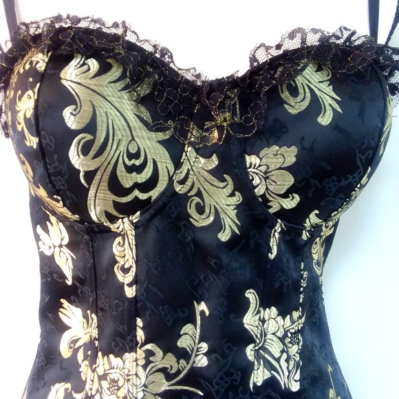 Black & Gold Floral Lace Trim Corset Top Steampunk Gothic Lolita Victorian - Picture 2 of 15